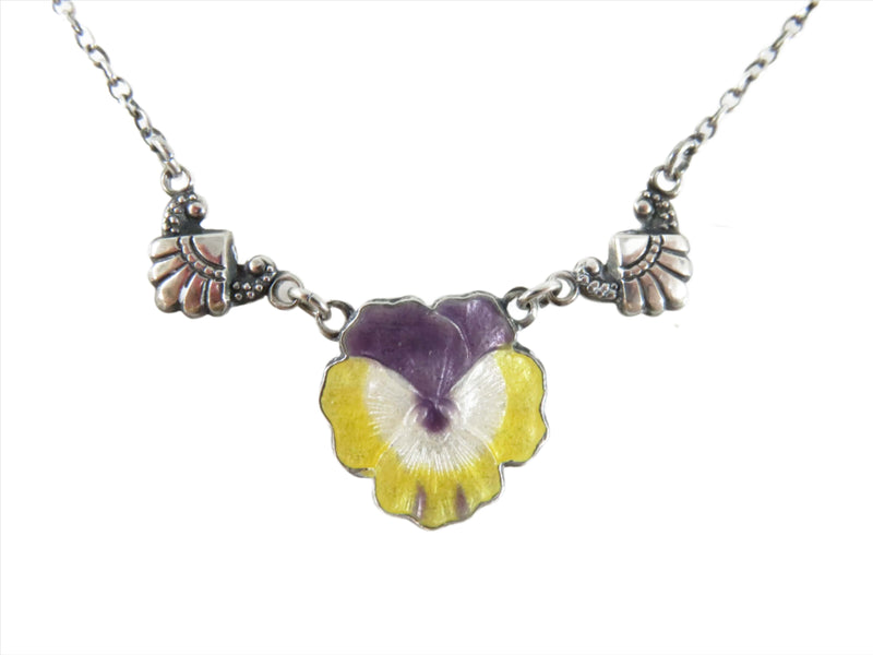 Petite Edwardian Style 925 Enameled Pansy Flower Necklace with Fan Accent