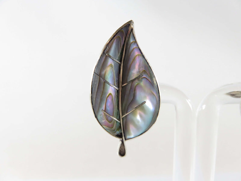 Lovely Leaf Form Abalone & Sterling AIG Taxco Mexico Screw Back Earring Set
