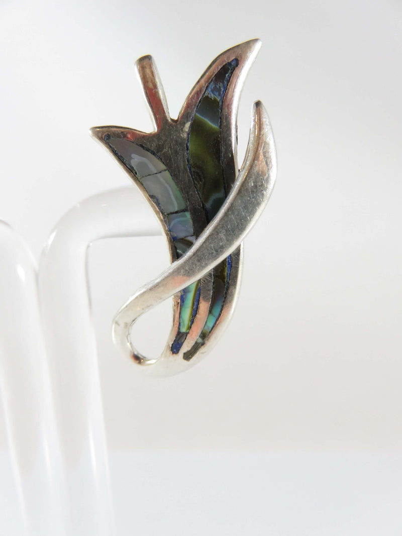 Art Nouveau Style Tulip Abalone & Sterling IAB Taxco Mexico Silver Screw Back Ea