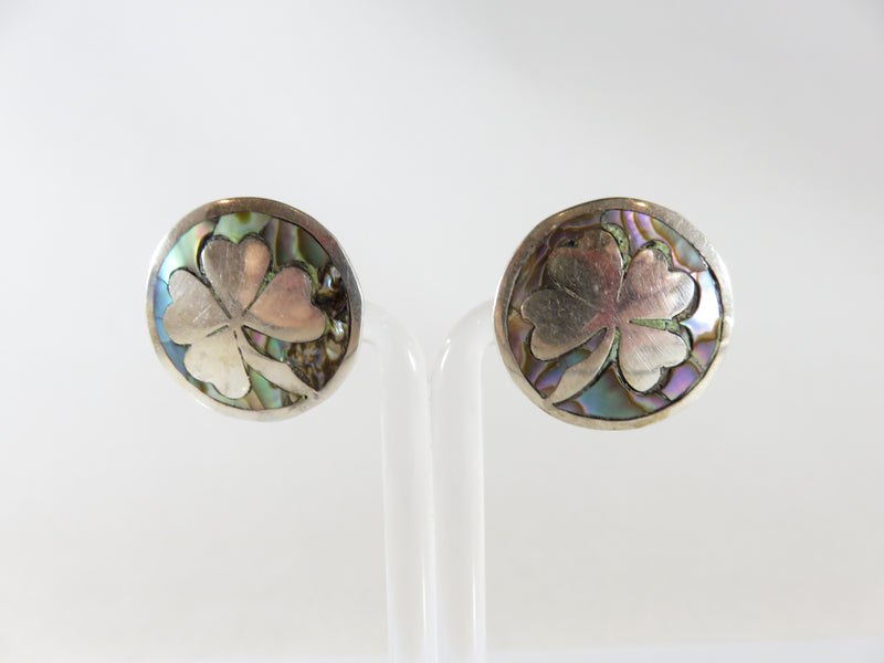 Vintage 4 Leaf Clover Earrings Abalone & Sterling Taxco Mexico Silver ScrewBack