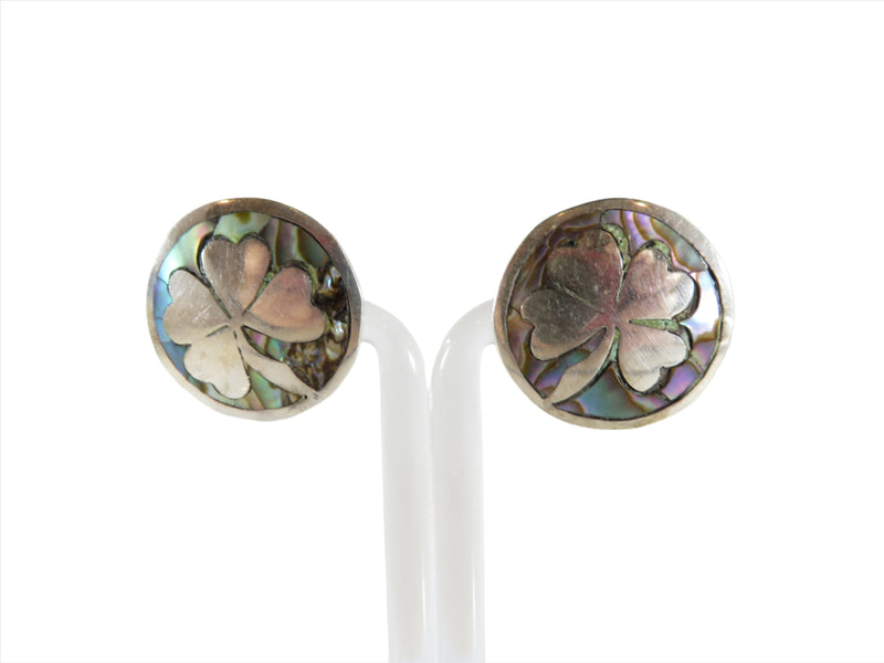 Vintage 4 Leaf Clover Earrings Abalone & Sterling Taxco Mexico Silver ScrewBack