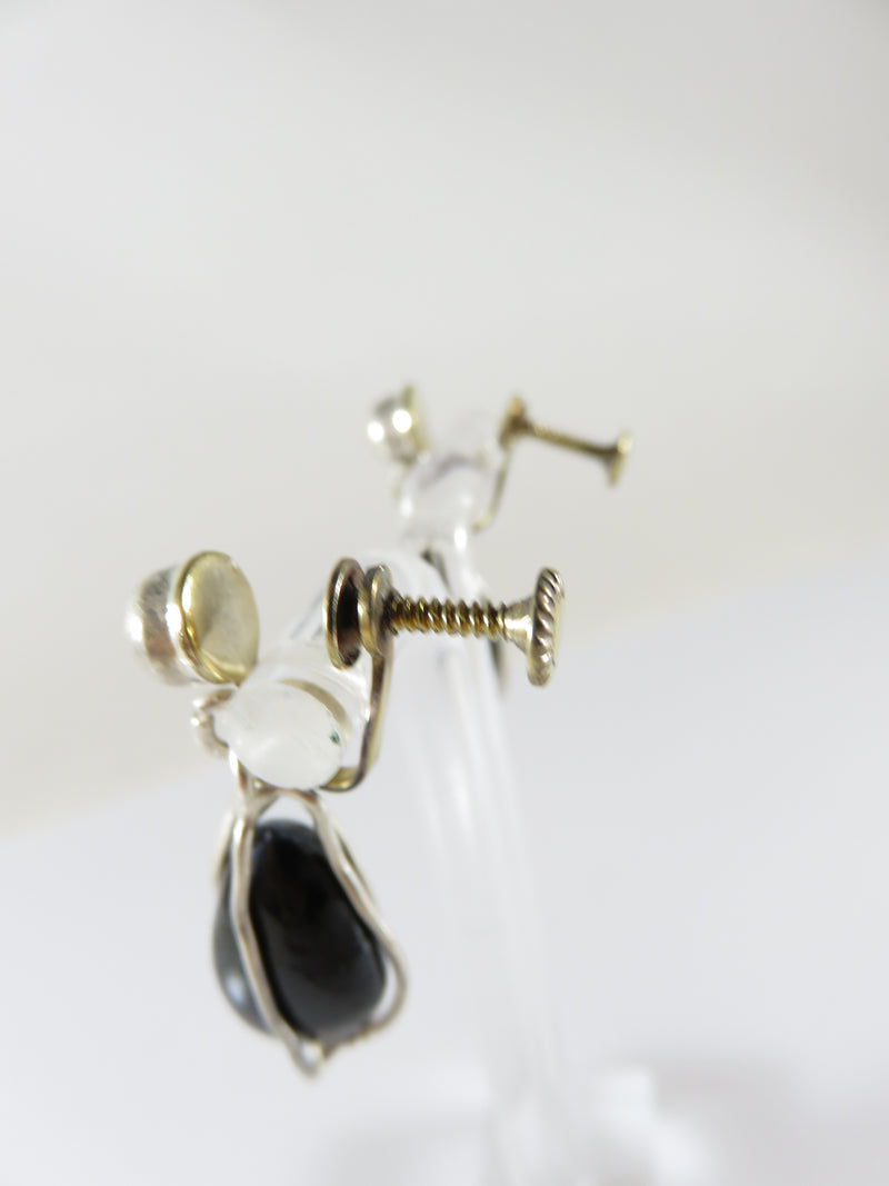 Vintage Caged Black Glass & Sterling Silver Screw Back Dangling Earring Set