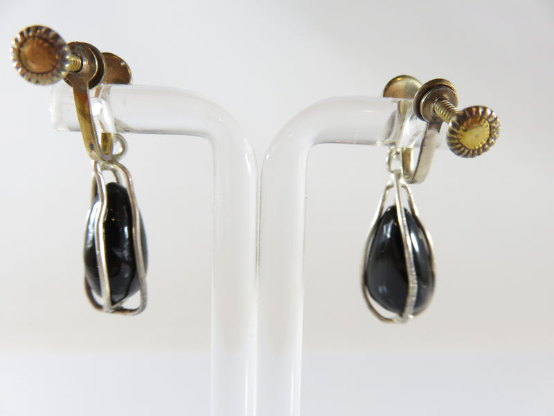 Vintage Caged Black Glass & Sterling Silver Screw Back Dangling Earring Set
