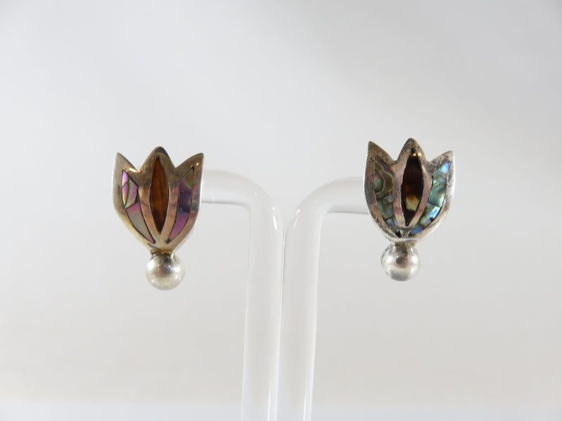 Vintage Figural Tulip Abalone & Sterling Taxco Mexico RCD Silver Screw Back Earr