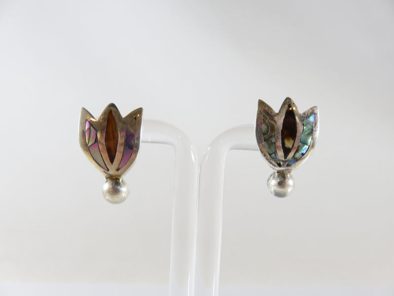 Vintage Figural Tulip Abalone & Sterling Taxco Mexico RCD Silver Screw Back Earrings