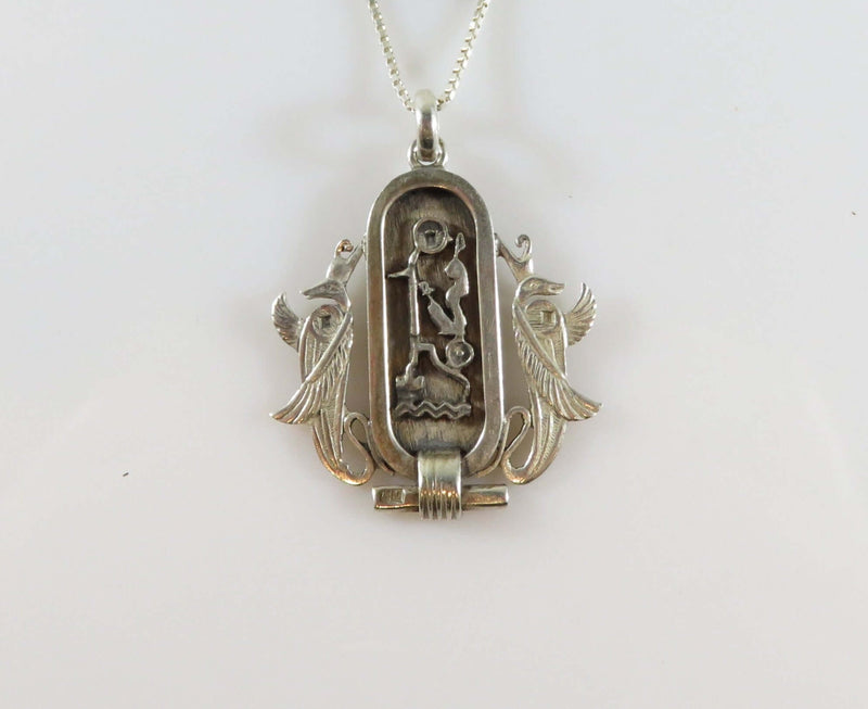 1919 Egyptian Revival 800 Silver Anubis Jackal Cartouche Pendant