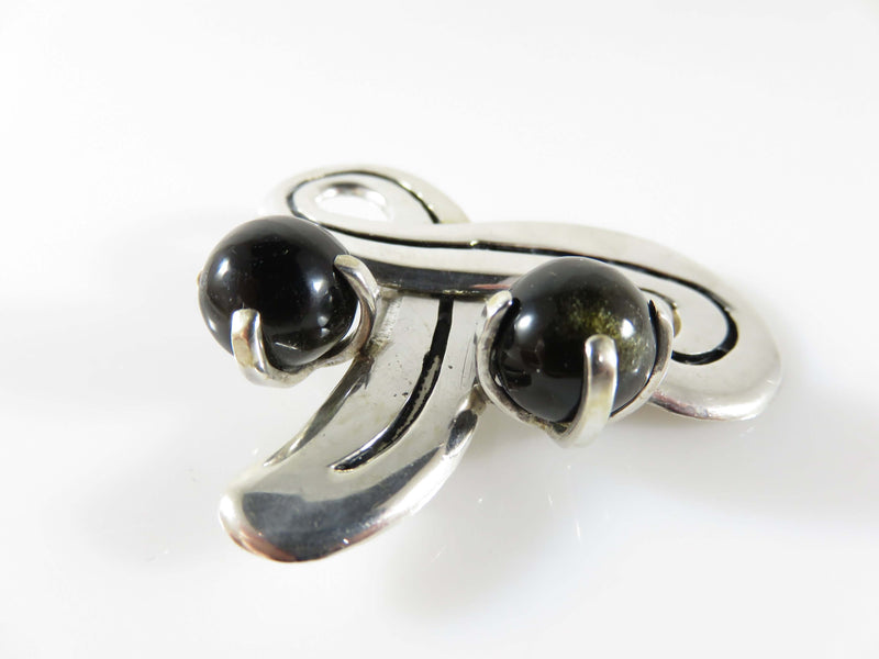 Fetching Modernist Swirling Silver & Onyx Brooch Pendant Taxco TC Conjoined Old