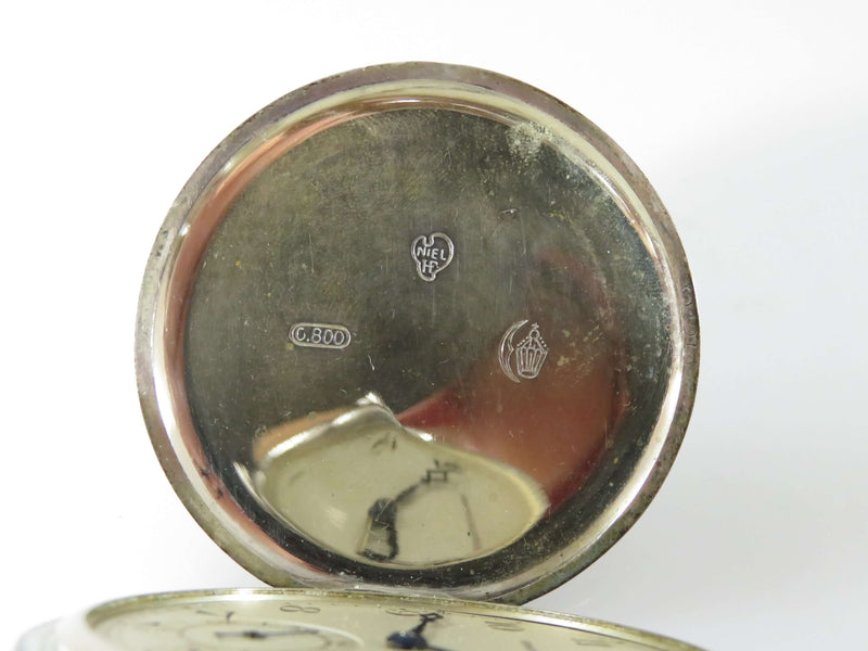 c1920 Huguenin Freres Niello Pocket Watch Chronometre German Swiss 800 Silver Cased