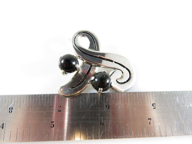 Fetching Modernist Swirling Silver & Onyx Brooch Pendant Taxco TC Conjoined Old