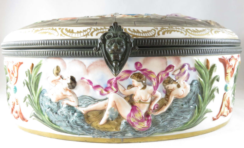13" Large Porcellain Capodimonte Lidded Dresser Box Toilette of Venus Poseidon Aphrodite