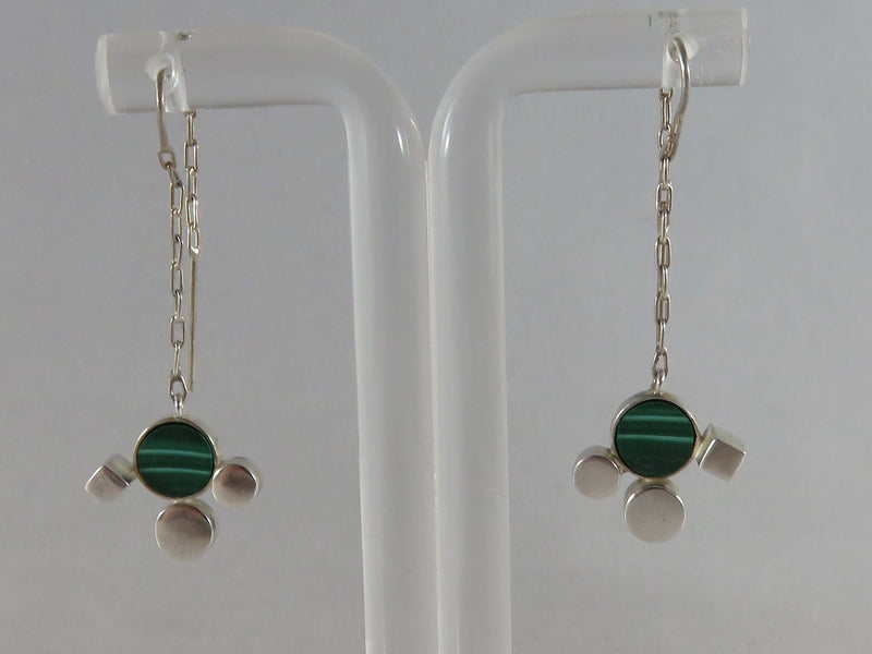 Artisan Figural Mouse Head Chain Earrings With Malachite Testing Sterling Silver