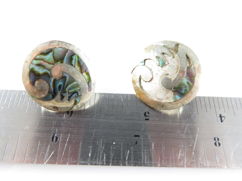 Modernist Round Free Form inlaid Abalone & Sterling NA Taxco Mexico Screw Back E