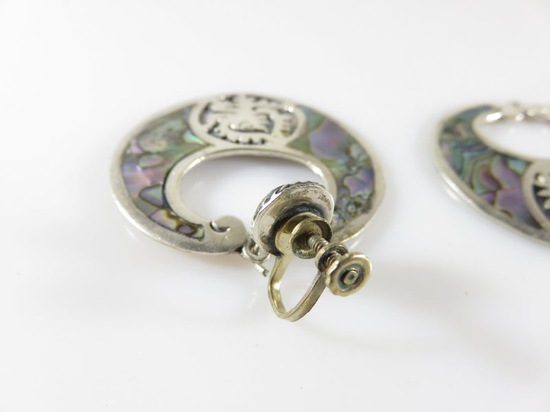 Vintage Large Abalone & Sterling Disc Earrings Artisan Signed Taxco Screw Back Earring