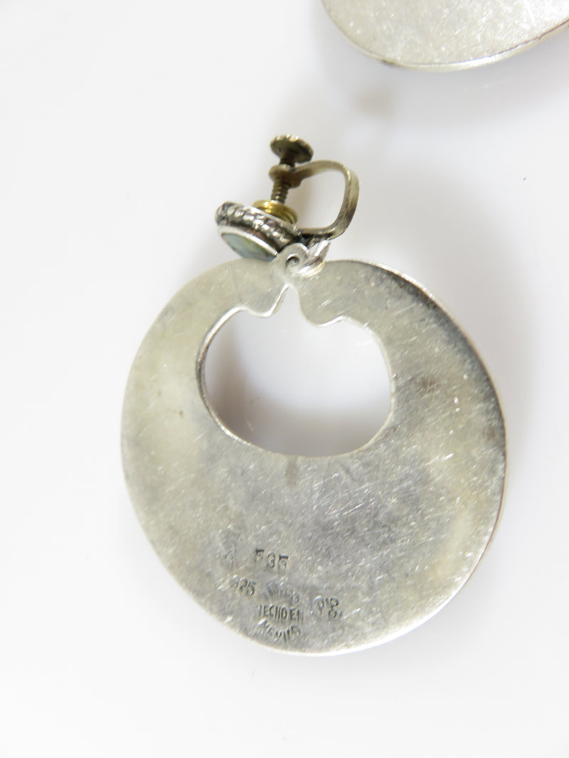 Vintage Large Abalone & Sterling Disc Earrings Artisan Signed Taxco Screw Back Earring