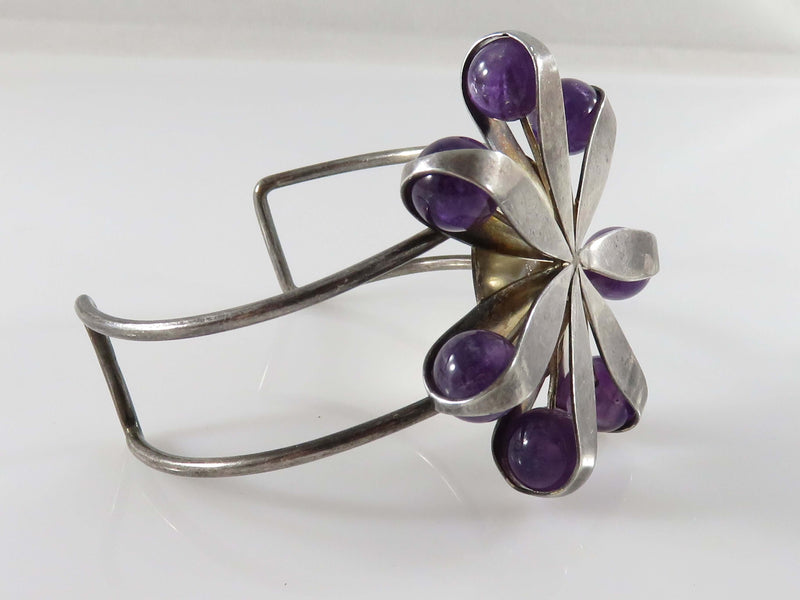 Artisan Sterling Silver Cuff Bracelet 6 Petal Flower Top Amethyst Balls