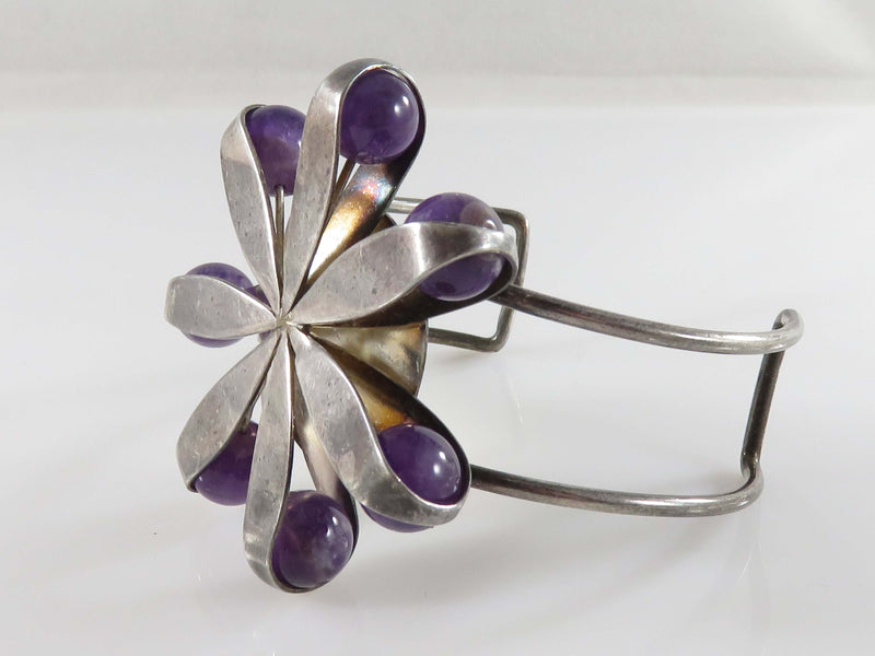 Artisan Sterling Silver Cuff Bracelet 6 Petal Flower Top Amethyst Balls