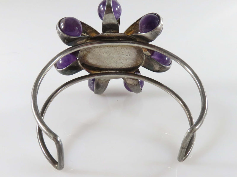 Artisan Sterling Silver Cuff Bracelet 6 Petal Flower Top Amethyst Balls