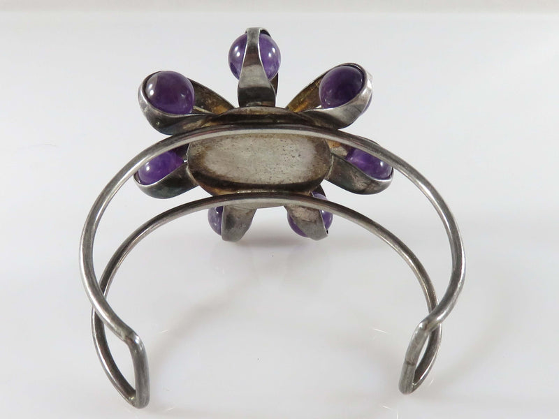 Artisan Sterling Silver Cuff Bracelet 6 Petal Flower Top Amethyst Balls