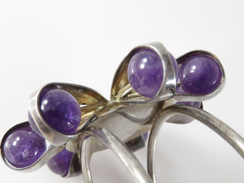 Artisan Sterling Silver Cuff Bracelet 6 Petal Flower Top Amethyst Balls