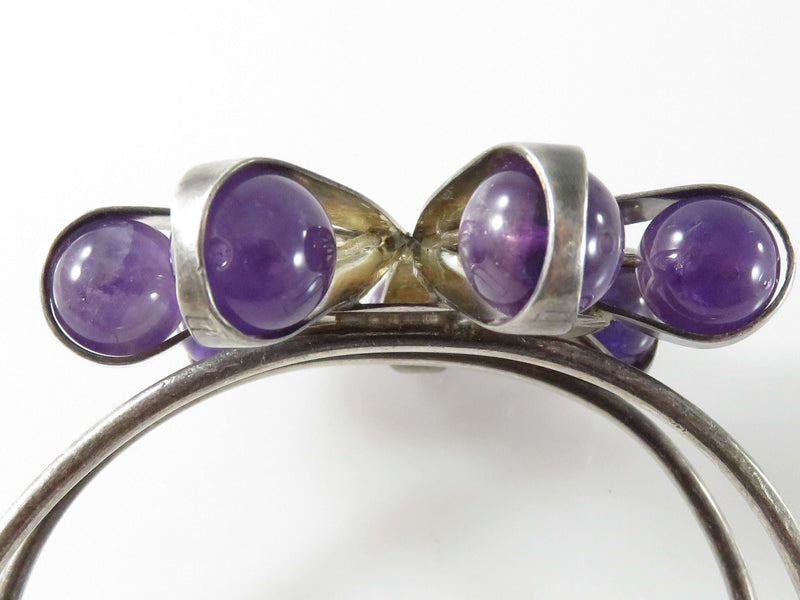 Artisan Sterling Silver Cuff Bracelet 6 Petal Flower Top Amethyst Balls