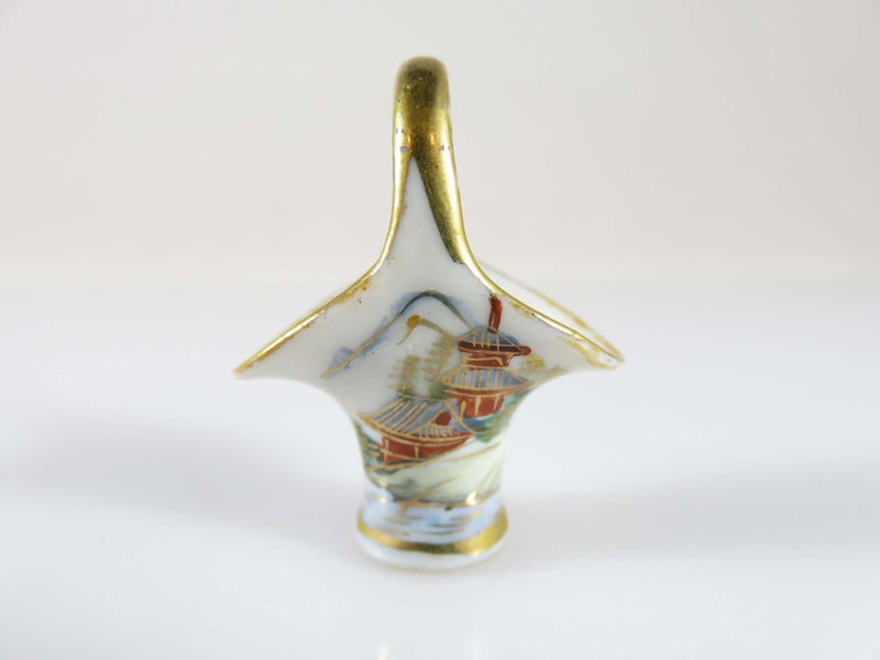 Hand Painted Japan Miniature Gold Gilt Wedding Basket Porcelain Ceramic Miniatur