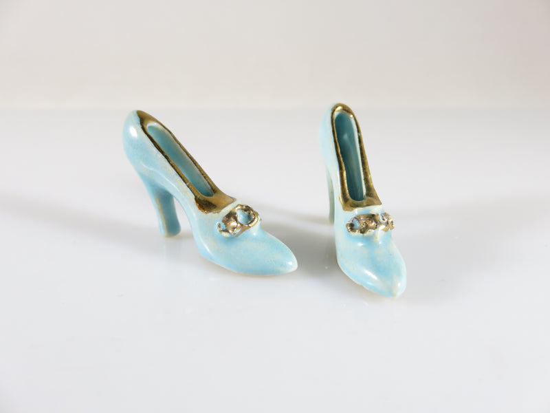Vintage Fine Porcelain Miniature Pair of Shoes Blue Enameled Dollhouse Miniature