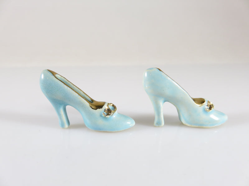 Vintage Fine Porcelain Miniature Pair of Shoes Blue Enameled Dollhouse Miniature