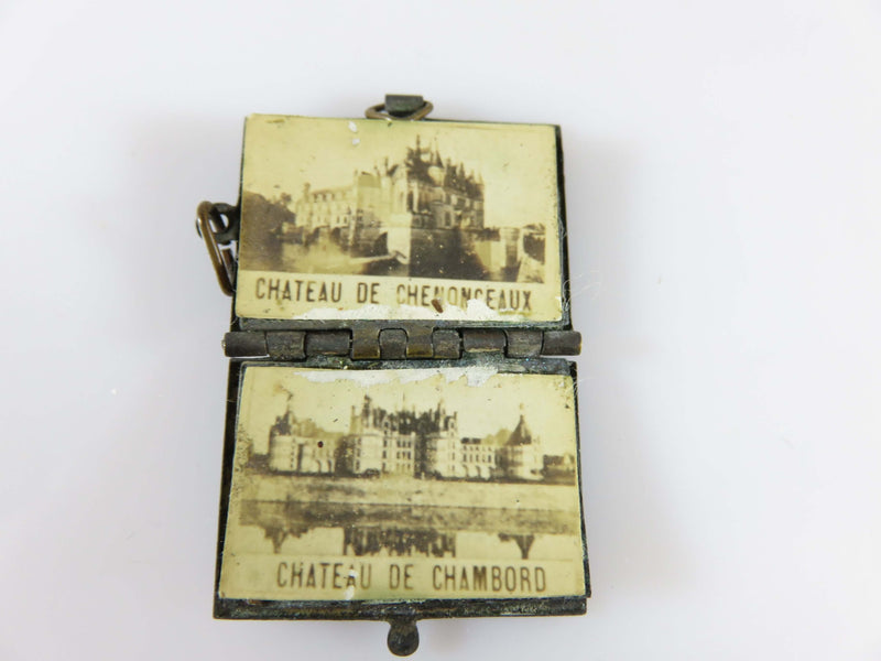Antique Silvered Brass French Chateau Miniature Photo Locket Souvenir Book of Chateau's