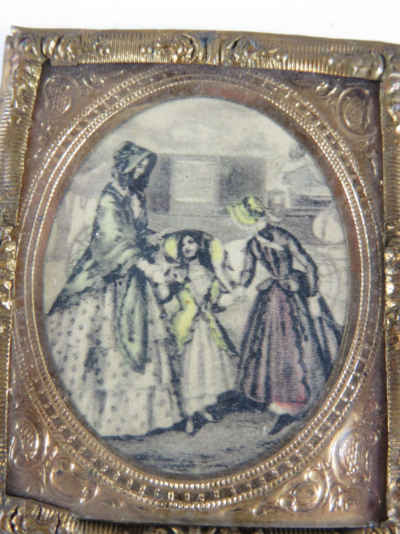 19th Century Mother Daughters Miniature 4 Color Print Foil Framed Dollhouse Artw