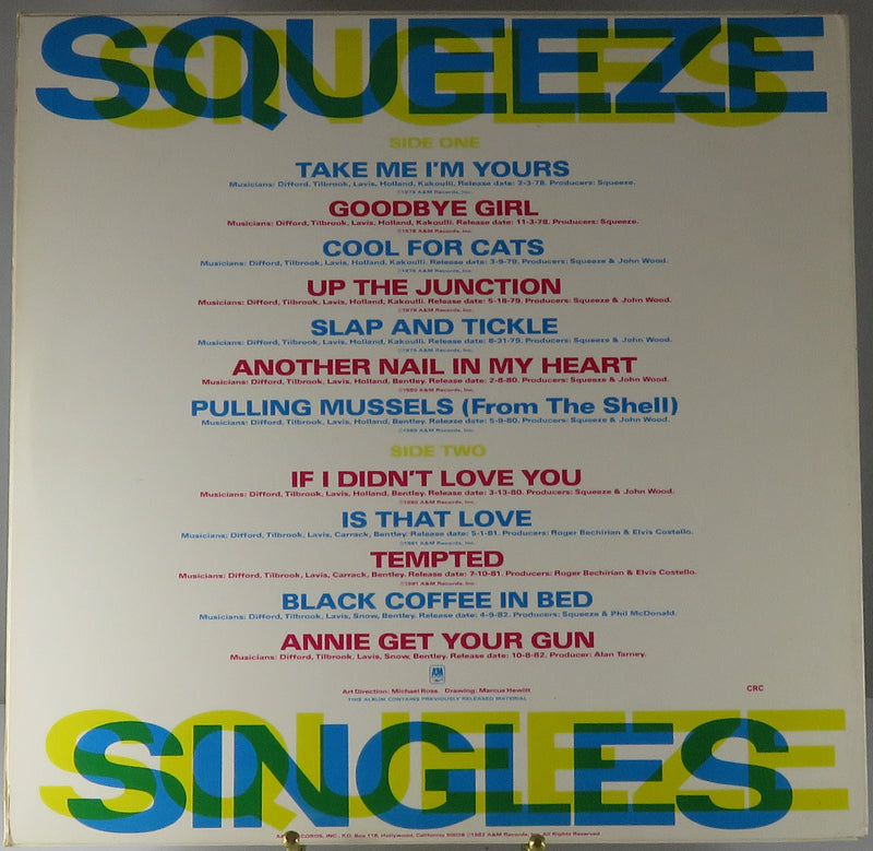 Squeeze Sinlges 45's and Under 1982 A&M Records SP-4922 Club Edition Vinyl Album