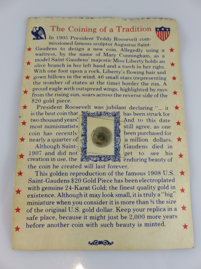 Miniature 1908 20 Gold Piece America's Most Beautiful Coin Reproduction Plated