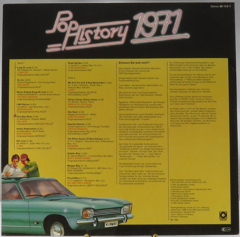 Pop History 1971 Sonocord Records 1986 German Pressing 36112-1 Vinyl Album