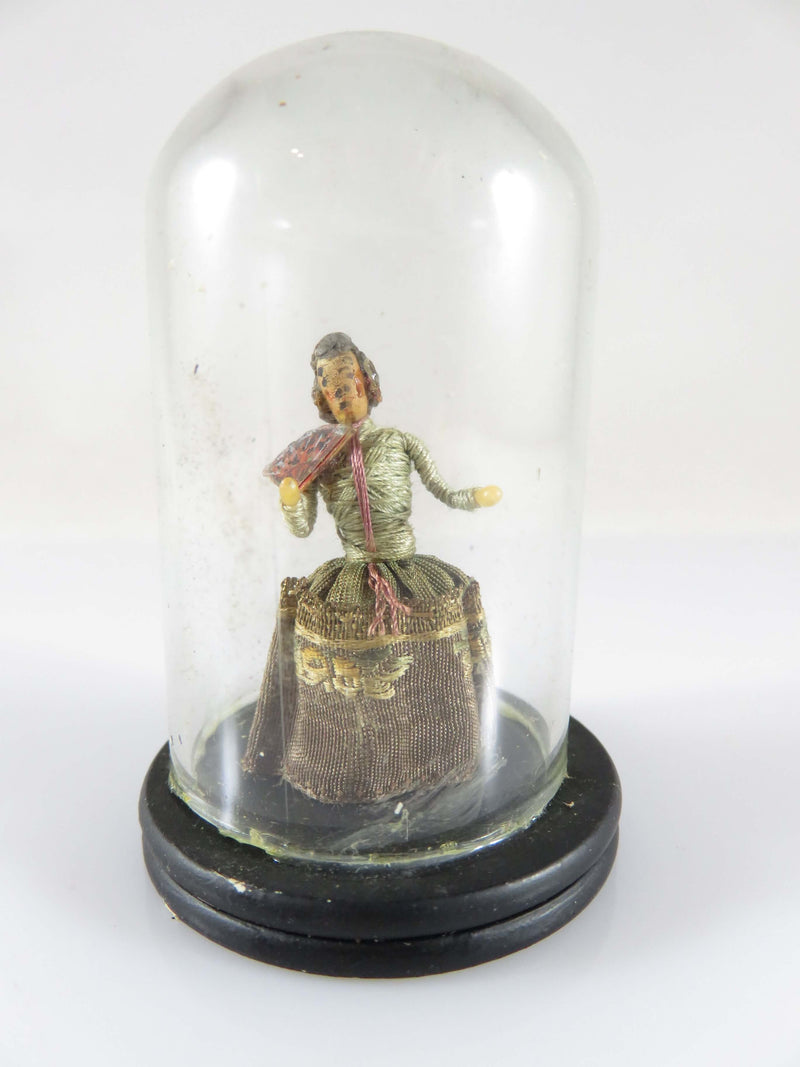 Antique Miniature Handmade Doll Under Domed Glass Fine Fabric Central America