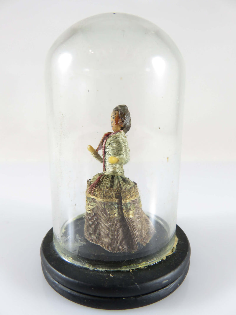 Antique Miniature Handmade Doll Under Domed Glass Fine Fabric Central America