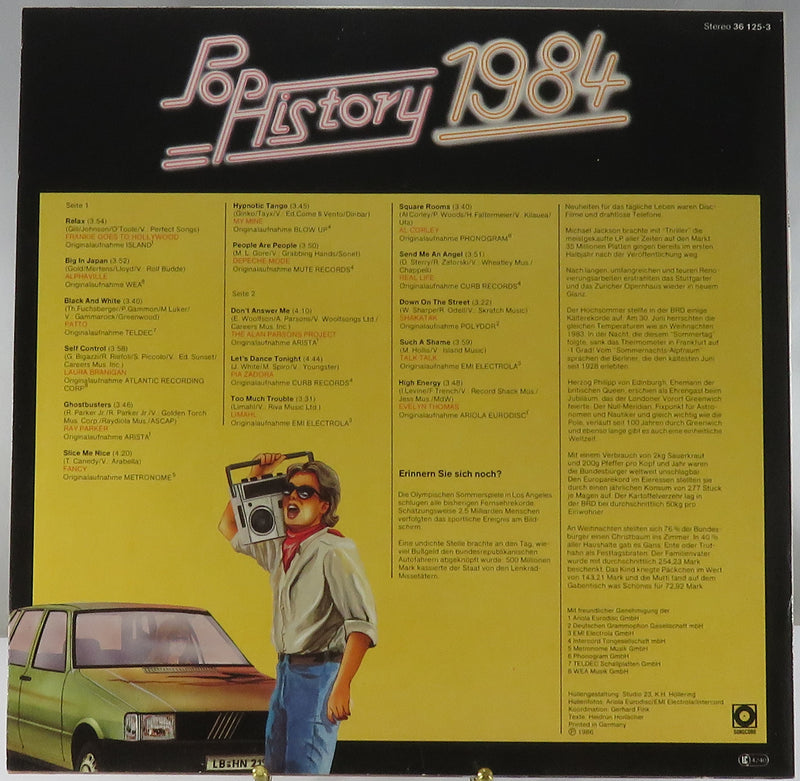 Pop History 1984 Sonocord Records 1986 German Pressing 36125-3 Vinyl Album