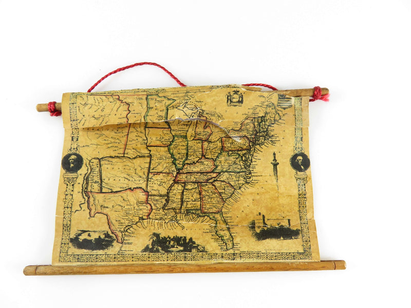 Antique Miniature Wall Hanging Map Circa 1850's US Map Poor Condition For Restoration