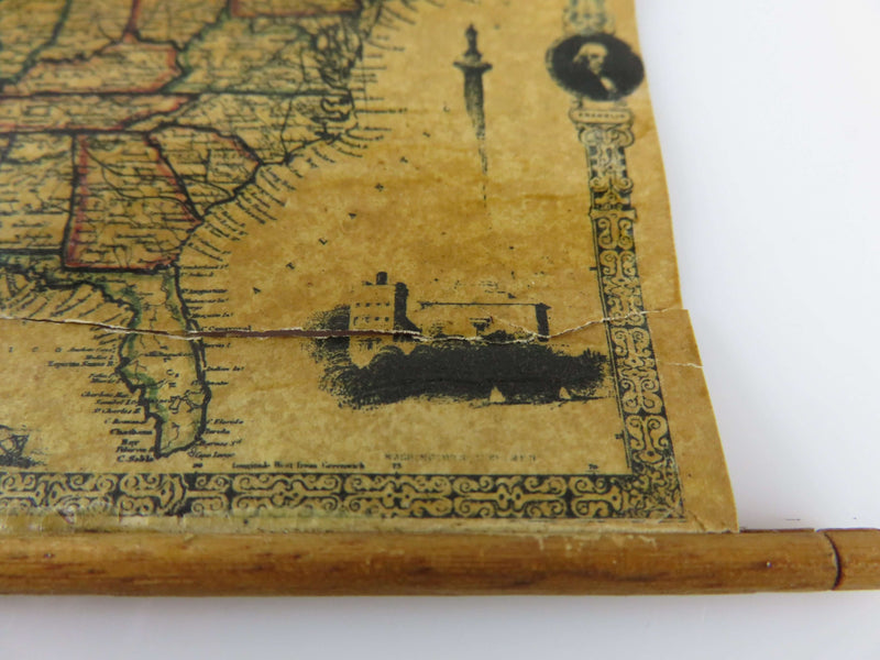 Antique Miniature Wall Hanging Map Circa 1850's US Map Poor Condition For Restoration