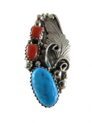 Navajo Sterling Turquoise & Coral Finger Ring Southwestern Sterling Size 9 1/4