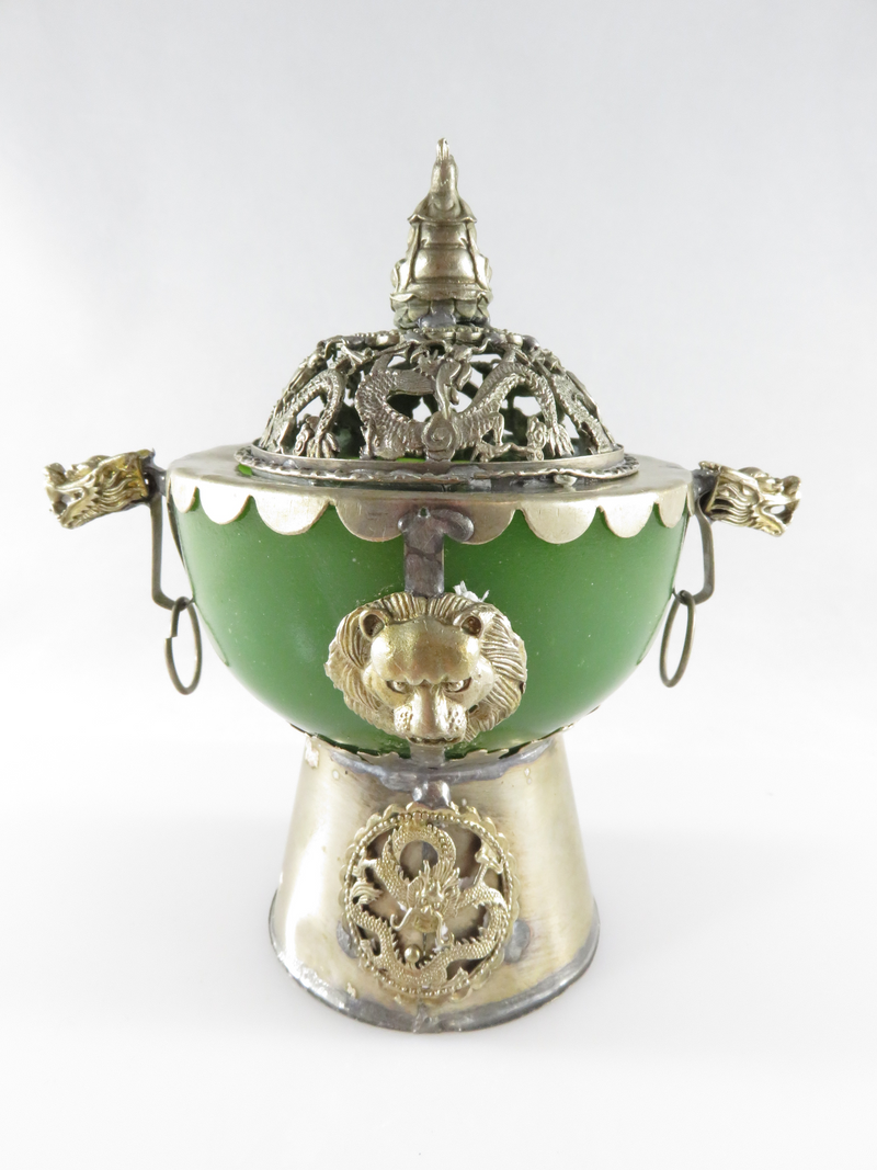 Vintage Tibetan Silver Green Glass Dragon Praying Buddha Incense Burner