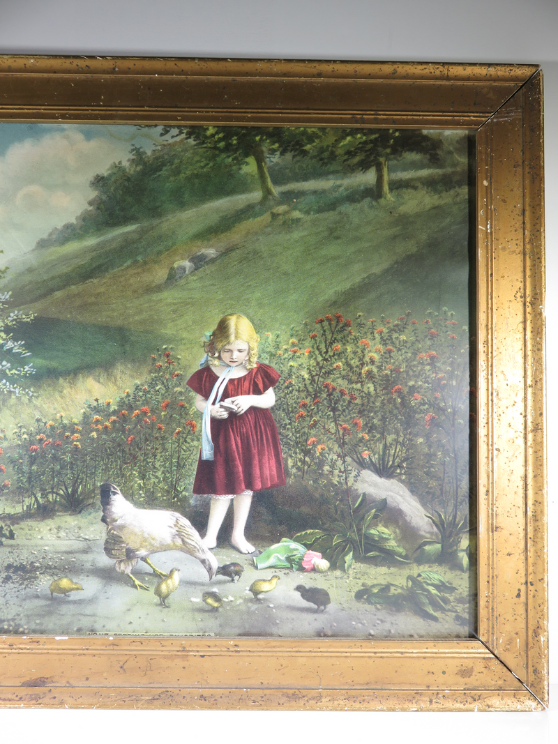 No. 117 Feeding Her Favorites Child & Chicks Chromolithograph 1900 M L & Co NY - Just Stuff I Sell