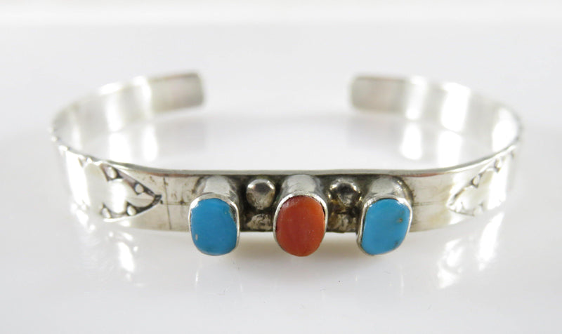 Vintage 5 1/4" Sterling Silver Turquoise Coral Cuff Bracelet W. Long Navajo Bracelet - Just Stuff I Sell