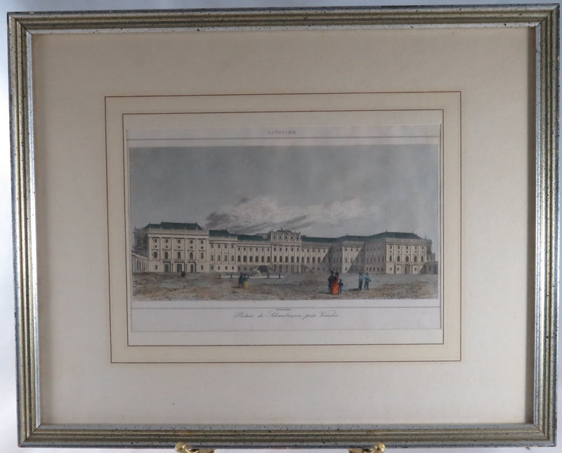 Schönbrunn Palace near Vienna, Austria, Handcolored Engraving View of Schönbrunn
