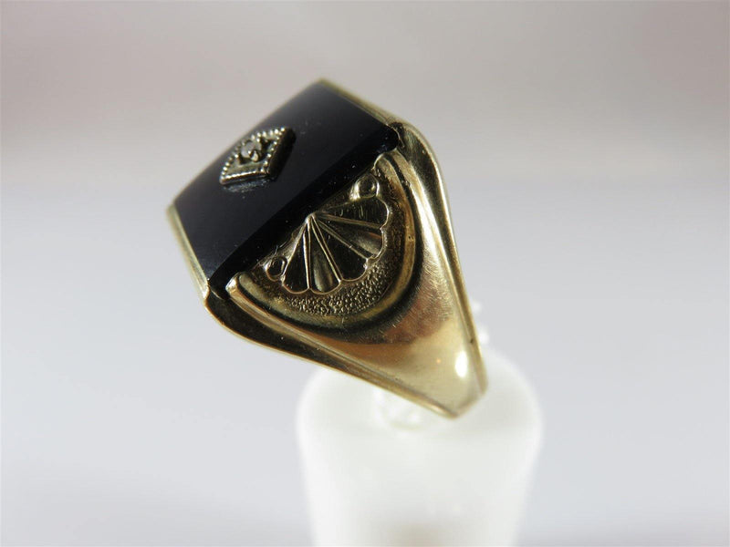 Vintage Art Nouveau Style Men's 10K Yellow Gold Onyx & Diamond Ring W/Ring Box - Just Stuff I Sell