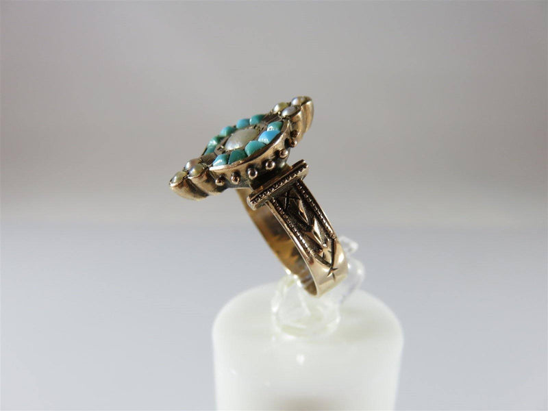 Fabulous Victorian 10K Yellow Gold Persian Turquoise & Seed Pearl Ring Size 6.75 - Just Stuff I Sell
