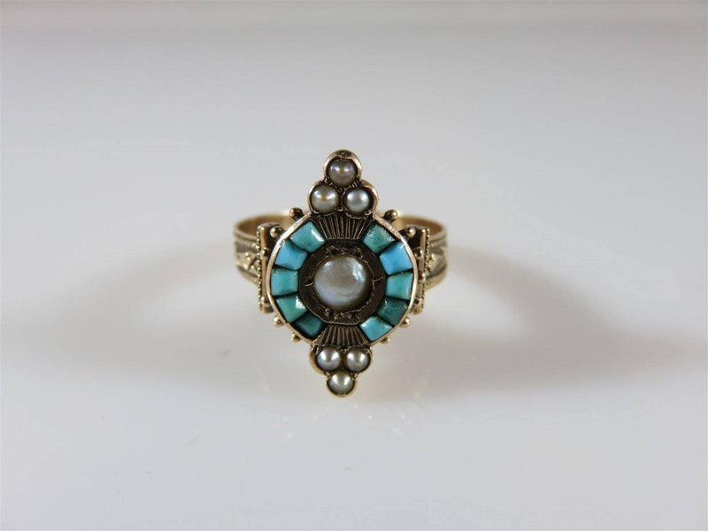 Fabulous Victorian 10K Yellow Gold Persian Turquoise & Seed Pearl Ring Size 6.75 - Just Stuff I Sell