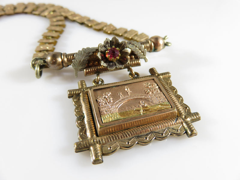 Victorian Era Book Chain & Pendant with Red Paste 19.5" Approx Rose Gold Tone - Just Stuff I Sell