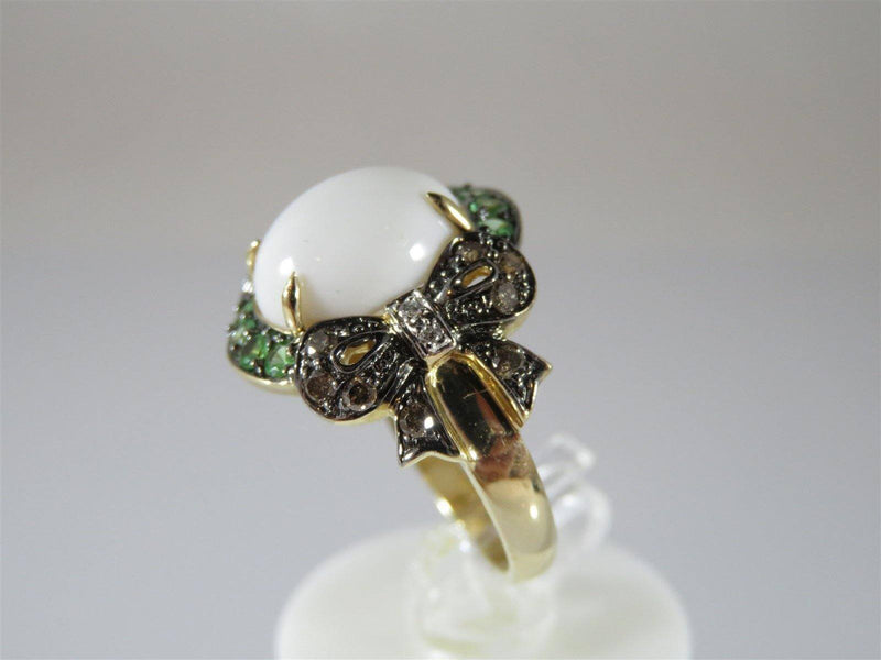Chocolate Diamonds, Green Tourmaline, White Coral 14K Yellow Gold Ring Size 6.75 - Just Stuff I Sell