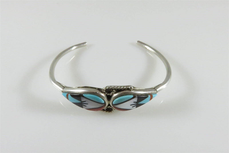Southwestern Multi Stone Geometric Inlay Sterling Silver Cuff Bracelet 5 1/4" ID - Just Stuff I Sell