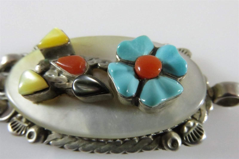 Vintage Sarah Simplicio Zuni Sterling Silver Flower Pendant, MOP Turquoise Coral - Just Stuff I Sell
