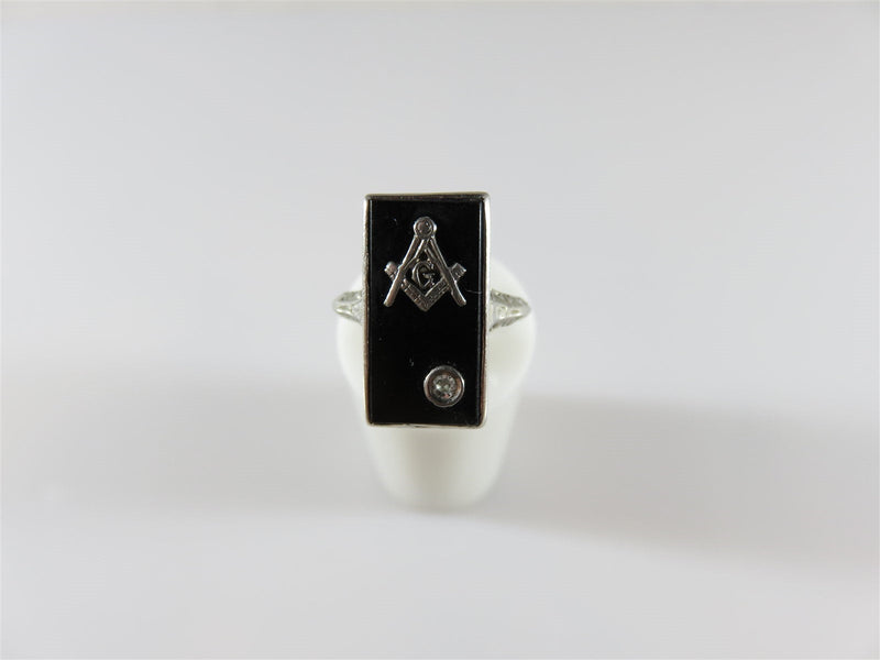 Vintage Art Deco 14K White Gold Masonic Onyx & Diamond Signet Ring Size 5.75 - Just Stuff I Sell